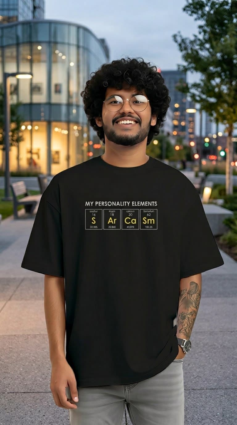 My Personality Element “Sarcasm” Oversized Graphic Tee – 100% Bio-Washed Cotton Black 1