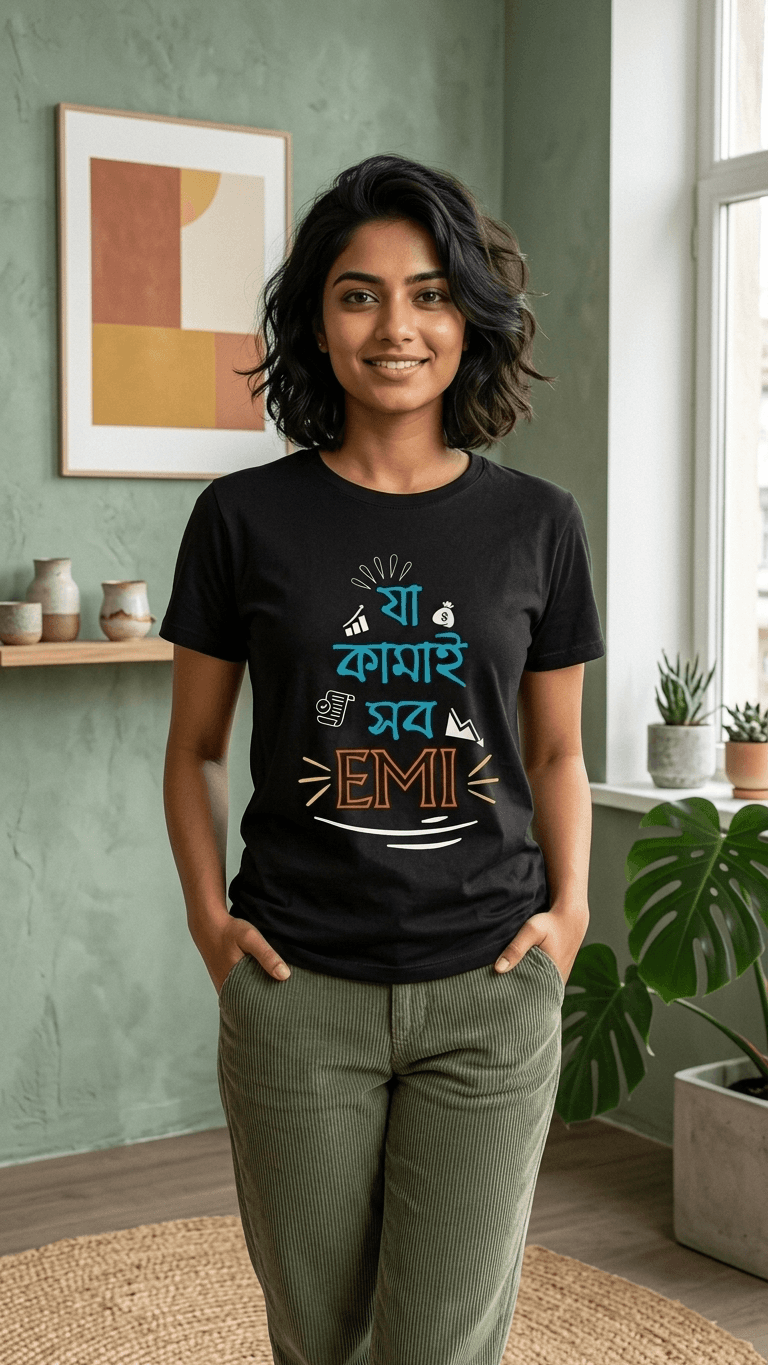 যা কামাই সব EMI — Bengali Funny Relatable Graphic T-Shirt | Middle Class Humour Premium Cotton Tee 1