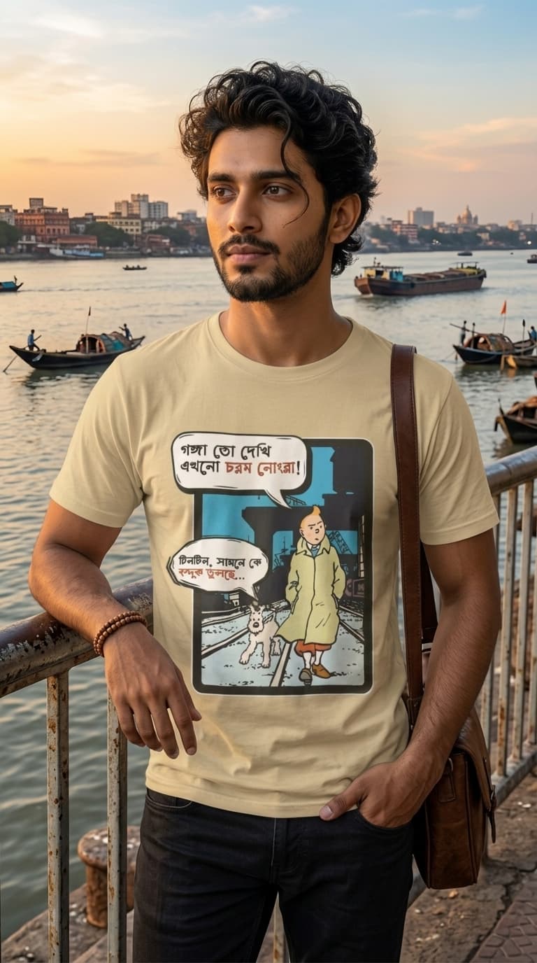 Bengali Comic Art Graphic T-Shirt – Premium Cotton Beige Round Neck Cartoon Dialogue Tee 0