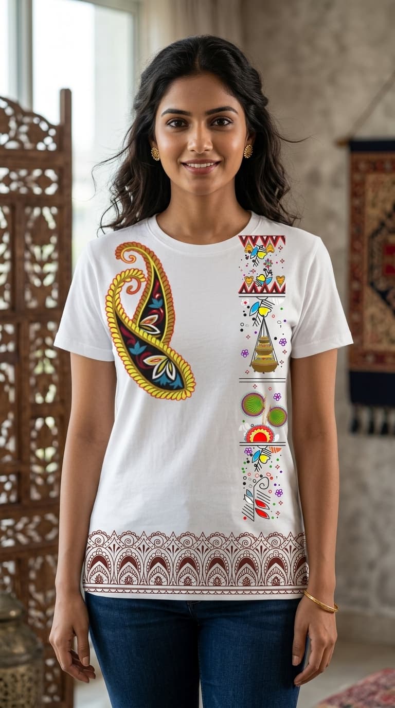Ethnic Bengali Art Graphic T-Shirt – Premium Cotton Round Neck White Designer Tee 0