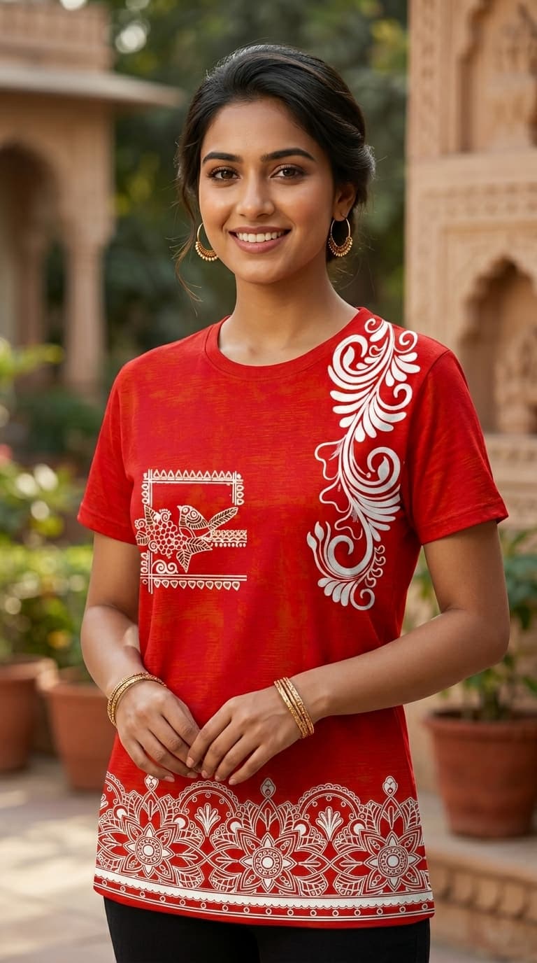 Bengali Folk Art Cotton T-Shirt – Premium Round Neck Ethnic Bird Motif Designer Tee 0