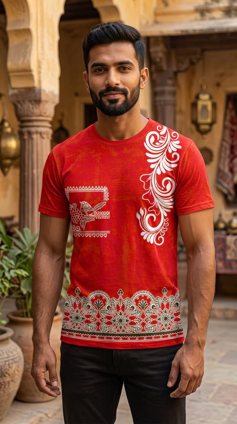 Bengali Folk Art Cotton T-Shirt – Premium Round Neck Ethnic Bird Motif Designer Tee 1