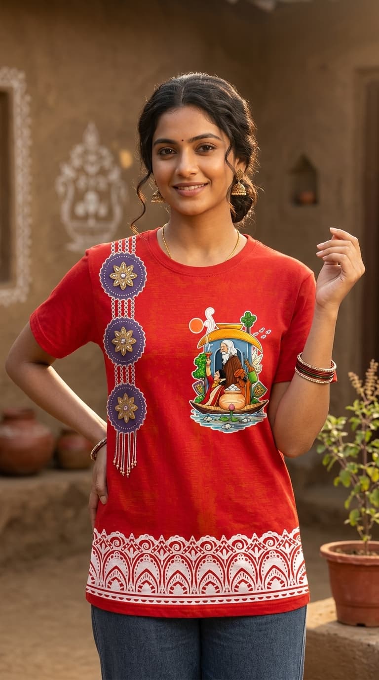 Bengali Folk Art Red T-Shirt – Premium Cotton Round Neck Ethnic Designer Graphic Tee 0