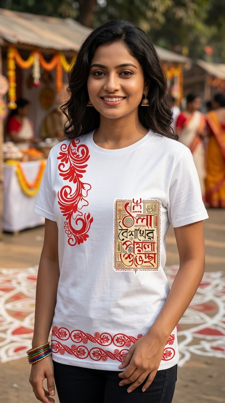 Bengali Folk Art Designer T-Shirt – Premium Cotton White Round Neck Ethnic Graphic Tee 0
