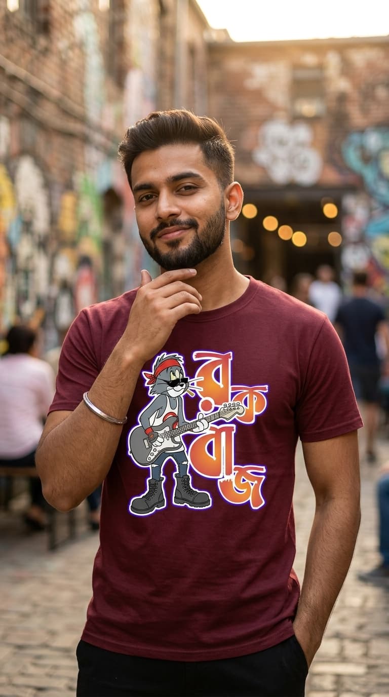 Coolteees Rock Bangla Graphic T-Shirt – Maroon Guitar Cat Streetwear Tee 0